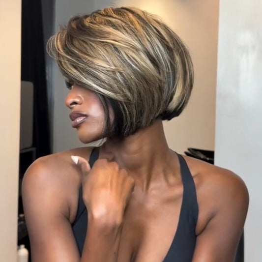 Blonde Highlight With Black Side Parted Bangs 13x4 Lace Frontal Wig