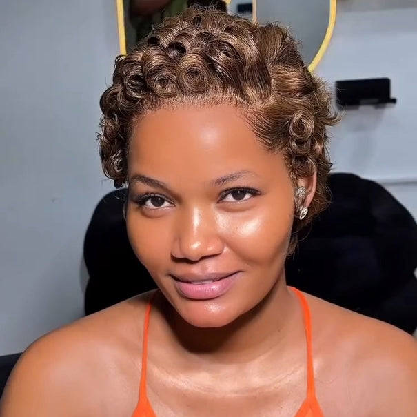 Full Lace Honey Blonde Finger Curly Short Pixie Cut Human Hair Wig