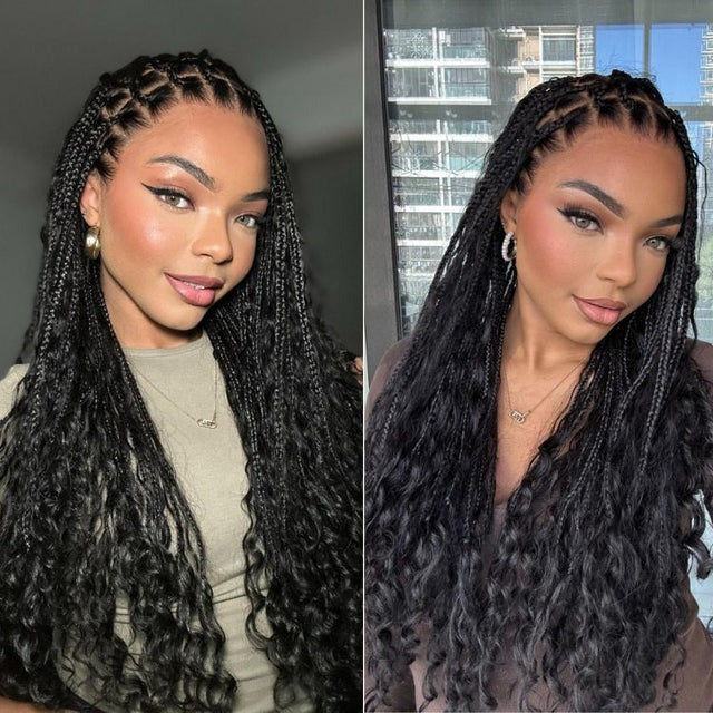 Full Lace Knotless Boho Curls Braided Invisi Drawstring Synthetic Hair Wig