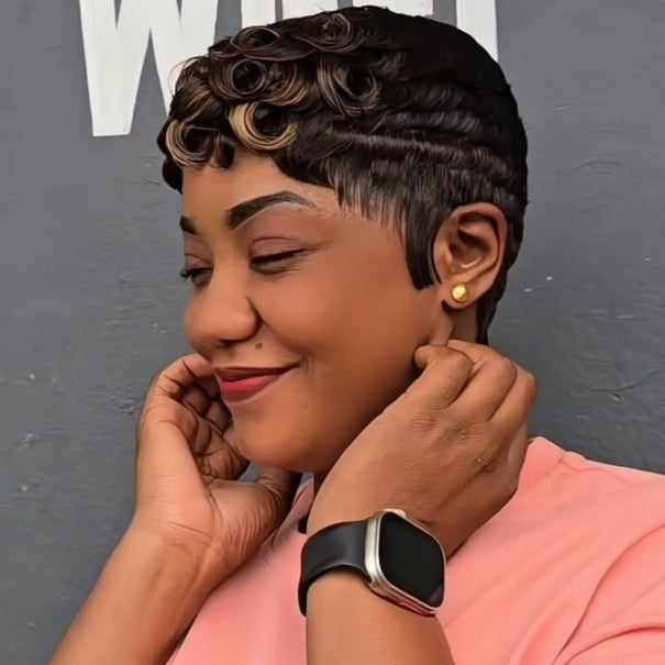 Full Lace Black Blonde Highlight Curly Short Pixie Cut Human Hair Wig
