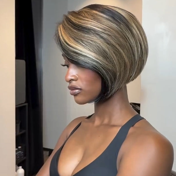 Blonde Highlight With Black Side Parted Bangs 13x4 Lace Frontal Wig