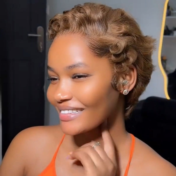 Full Lace Honey Blonde Finger Curly Short Pixie Cut Human Hair Wig