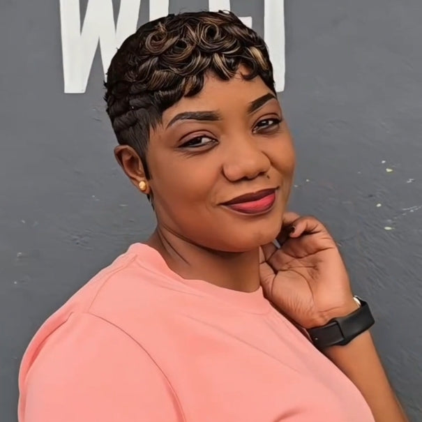 Full Lace Black Blonde Highlight Curly Short Pixie Cut Human Hair Wig