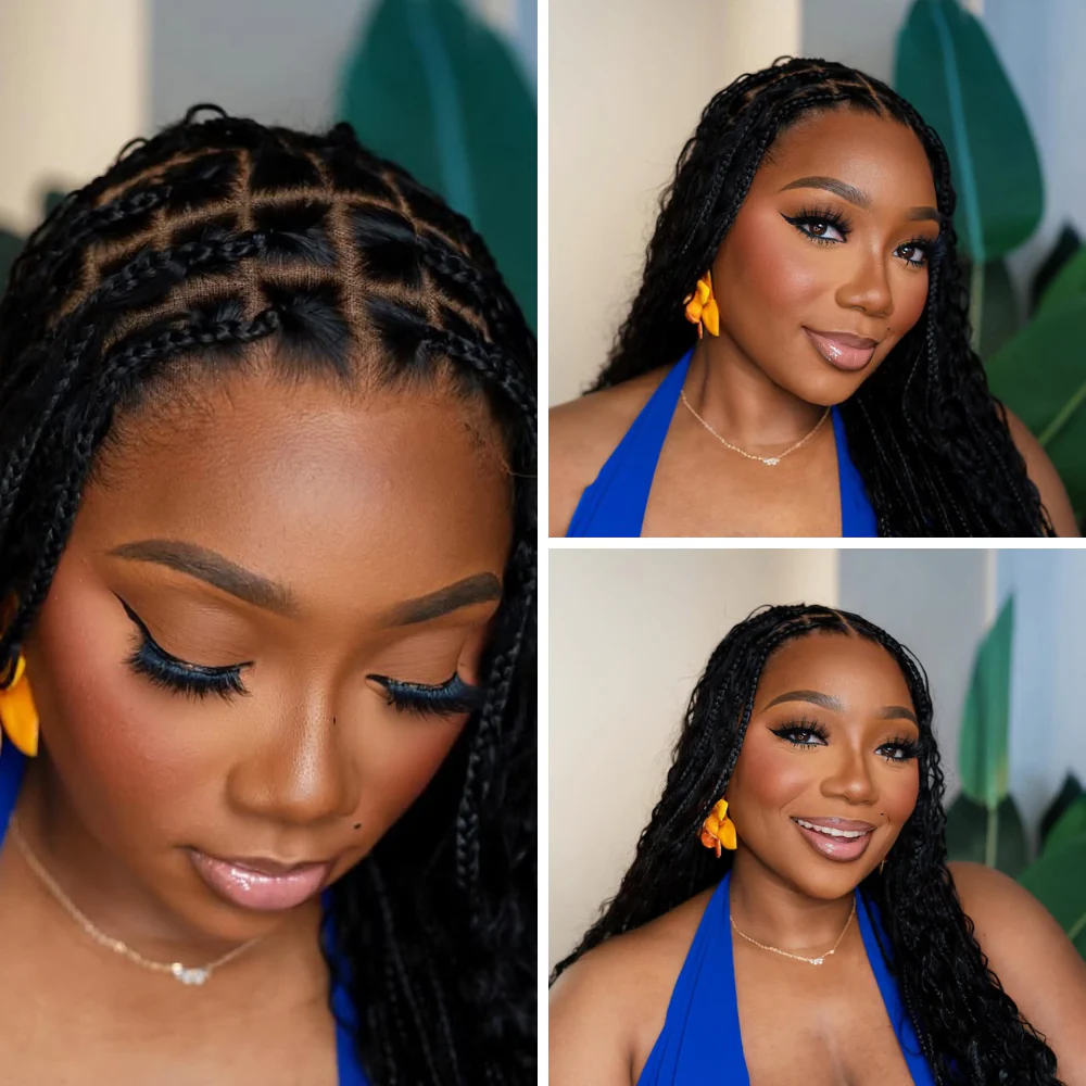 Full Lace Knotless Boho Curls Braided Invisi Drawstring Synthetic Hair Wig