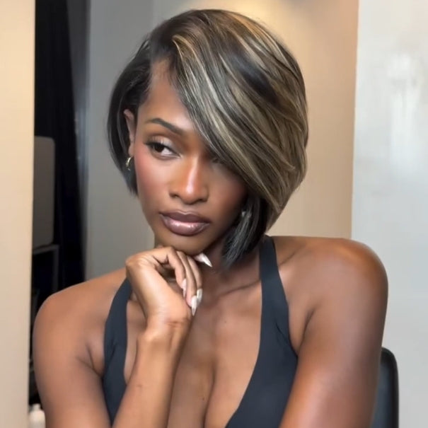 Blonde Highlight With Black Side Parted Bangs 13x4 Lace Frontal Wig