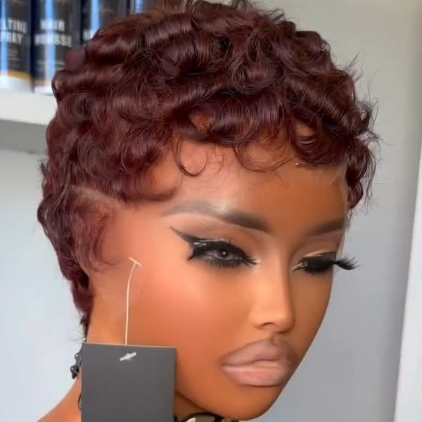Full Lace Burgundy Finger Wave Short Pixie Human Hair Wig