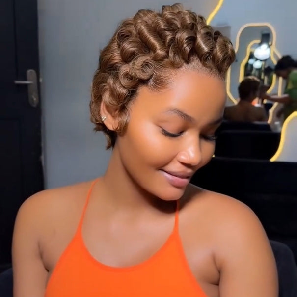 Full Lace Honey Blonde Finger Curly Short Pixie Cut Human Hair Wig