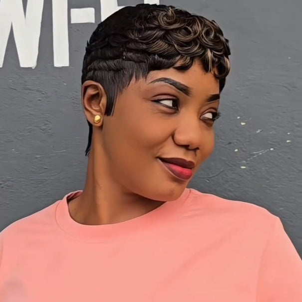 Full Lace Black Blonde Highlight Curly Short Pixie Cut Human Hair Wig
