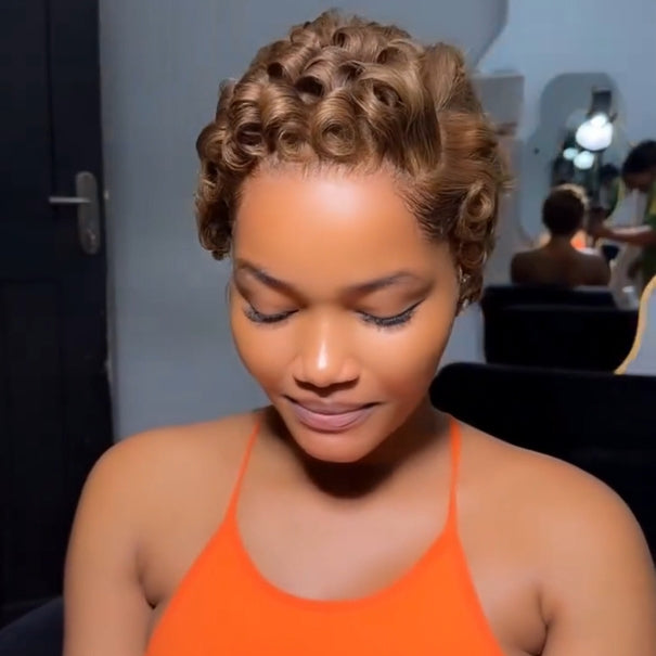 Full Lace Honey Blonde Finger Curly Short Pixie Cut Human Hair Wig