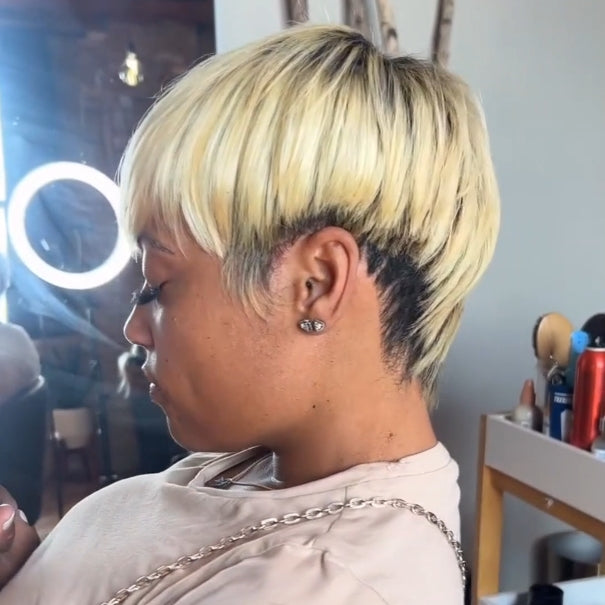 Ombre Blonde With Black Short Pixie Cut Glueless Wig