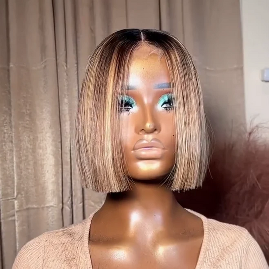613 Ombre Blonde Highlight with Brown Blunt Cut Bob Glueless Closure Wig