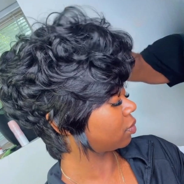 Natural Realistic Fluffy Layered Pixie Cut Glueless wig
