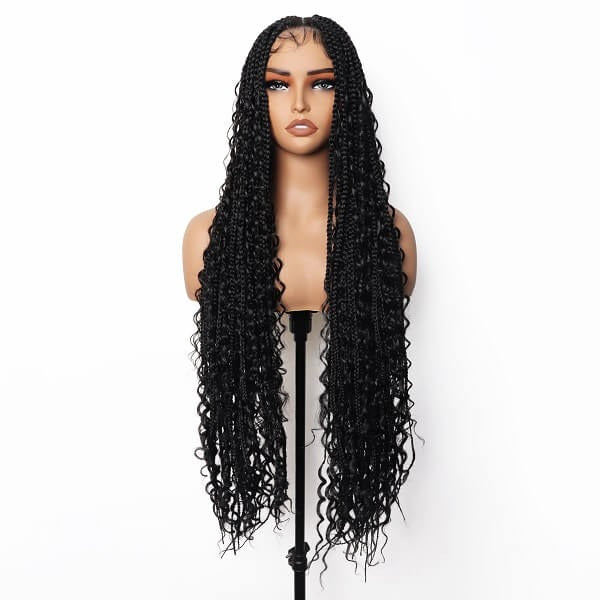 Full Lace Knotless Boho Curls Braided Invisi Drawstring Synthetic Hair Wig