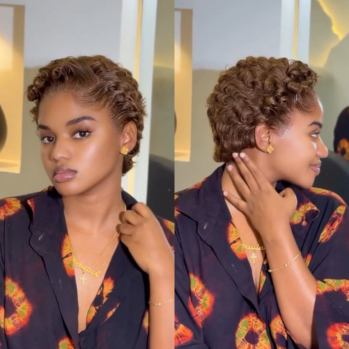 Full Lace Light Brown Finger Curly Short Pixie Cut Human Hair Wig