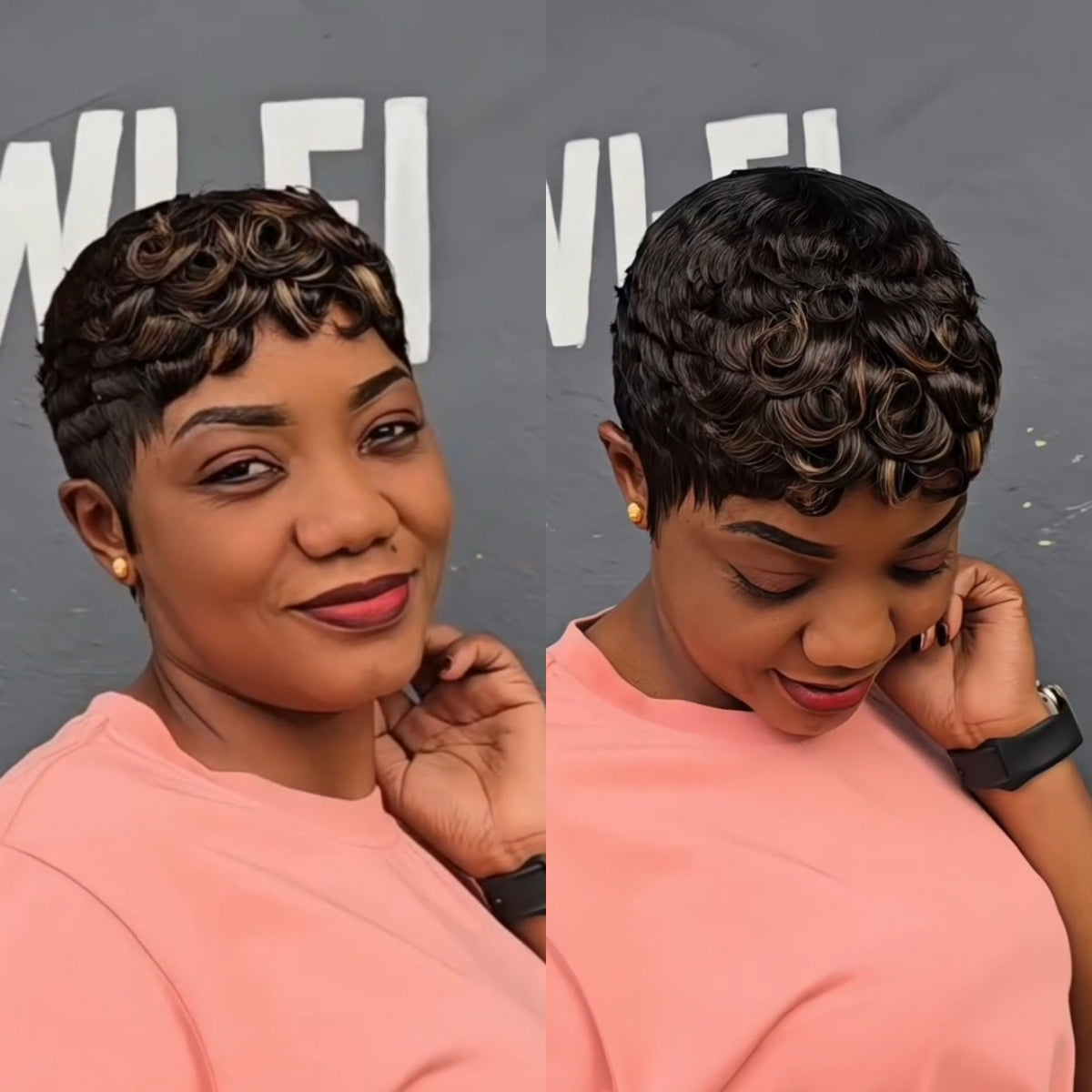 Full Lace Black Blonde Highlight Curly Short Pixie Cut Human Hair Wig
