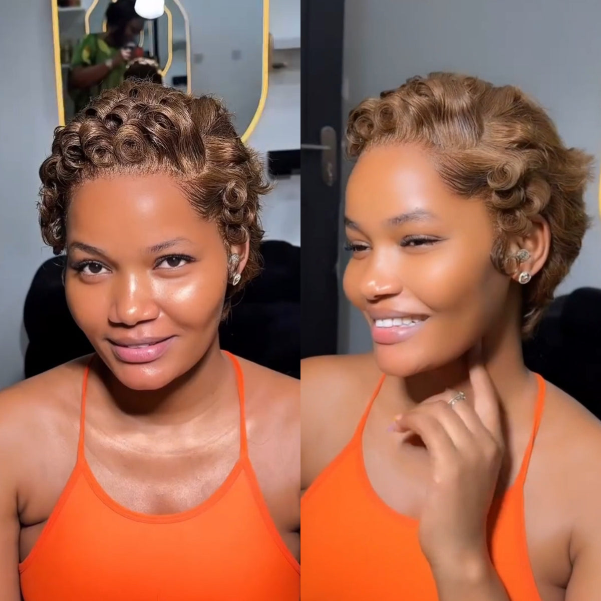 Full Lace Honey Blonde Finger Curly Short Pixie Cut Human Hair Wig