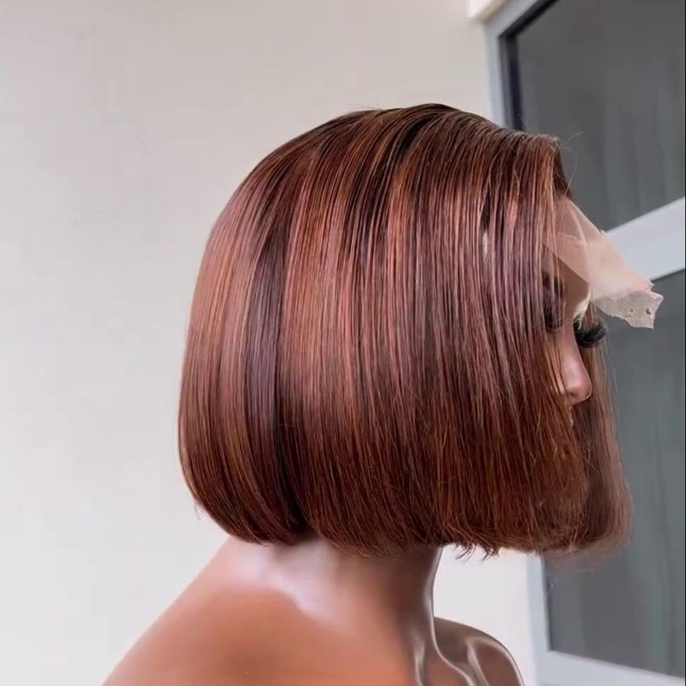 Dark Brown and Orange Highlight 5×5 Lace Wrap Bob Wig