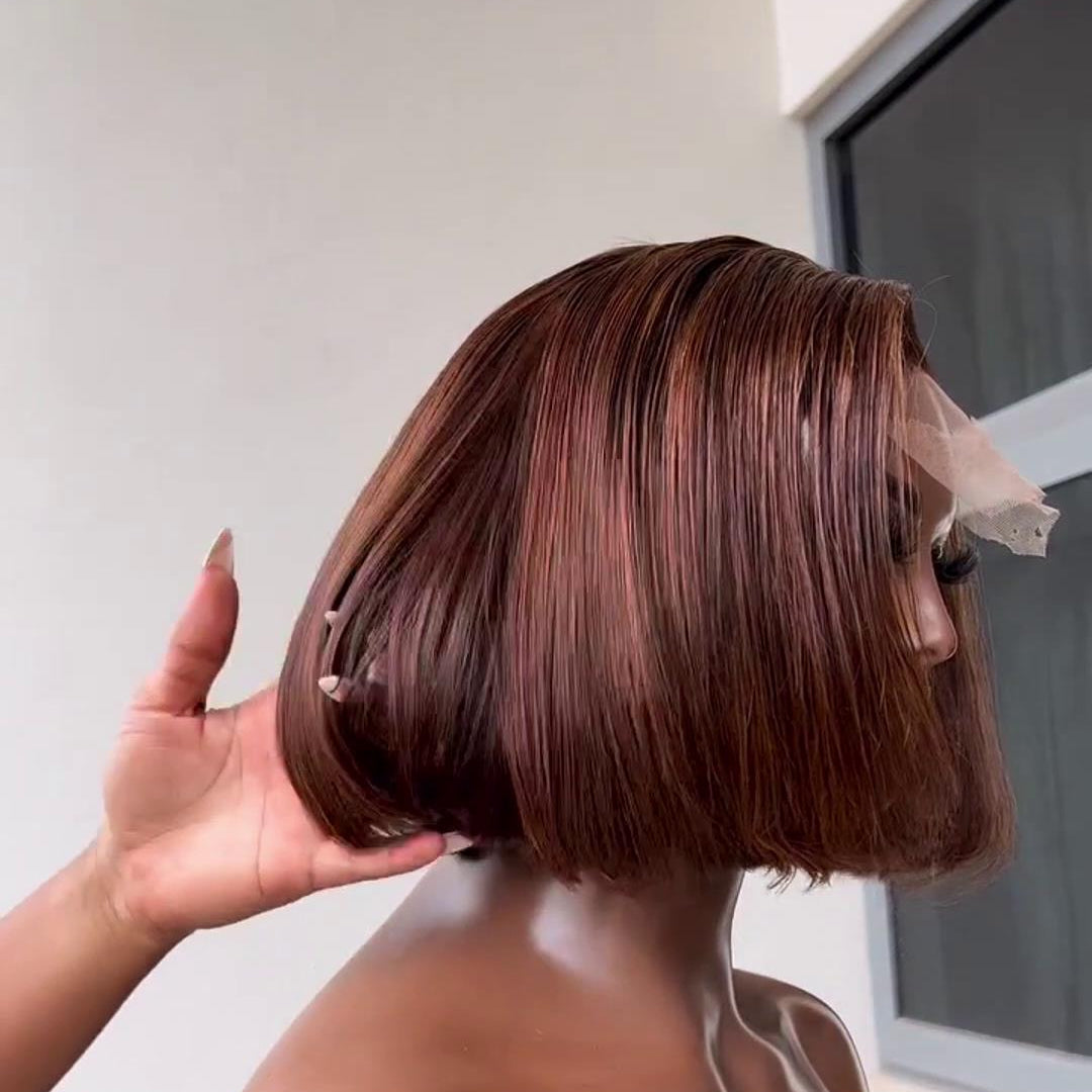 Dark Brown and Orange Highlight 5×5 Lace Wrap Bob Wig