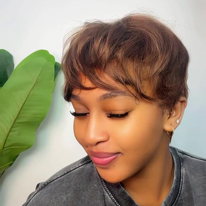 Put On & Go Light Brown Curly Pixie Wig With Bangs