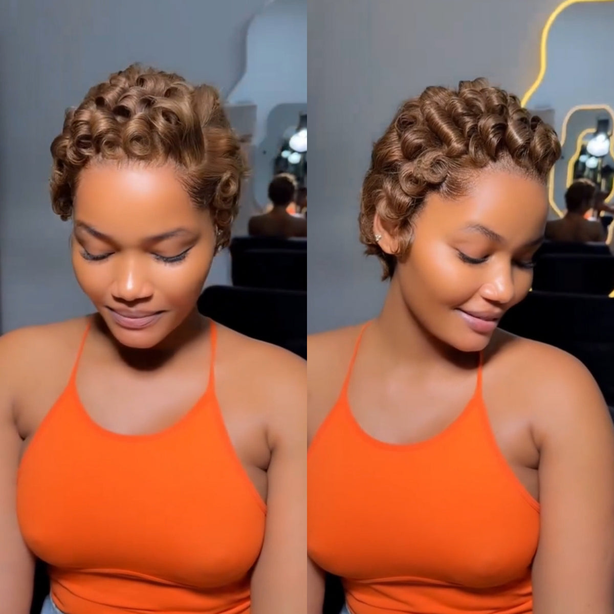 Full Lace Honey Blonde Finger Curly Short Pixie Cut Human Hair Wig