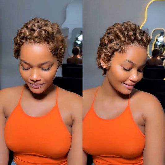 Full Lace Honey Blonde Finger Curly Short Pixie Cut Human Hair Wig