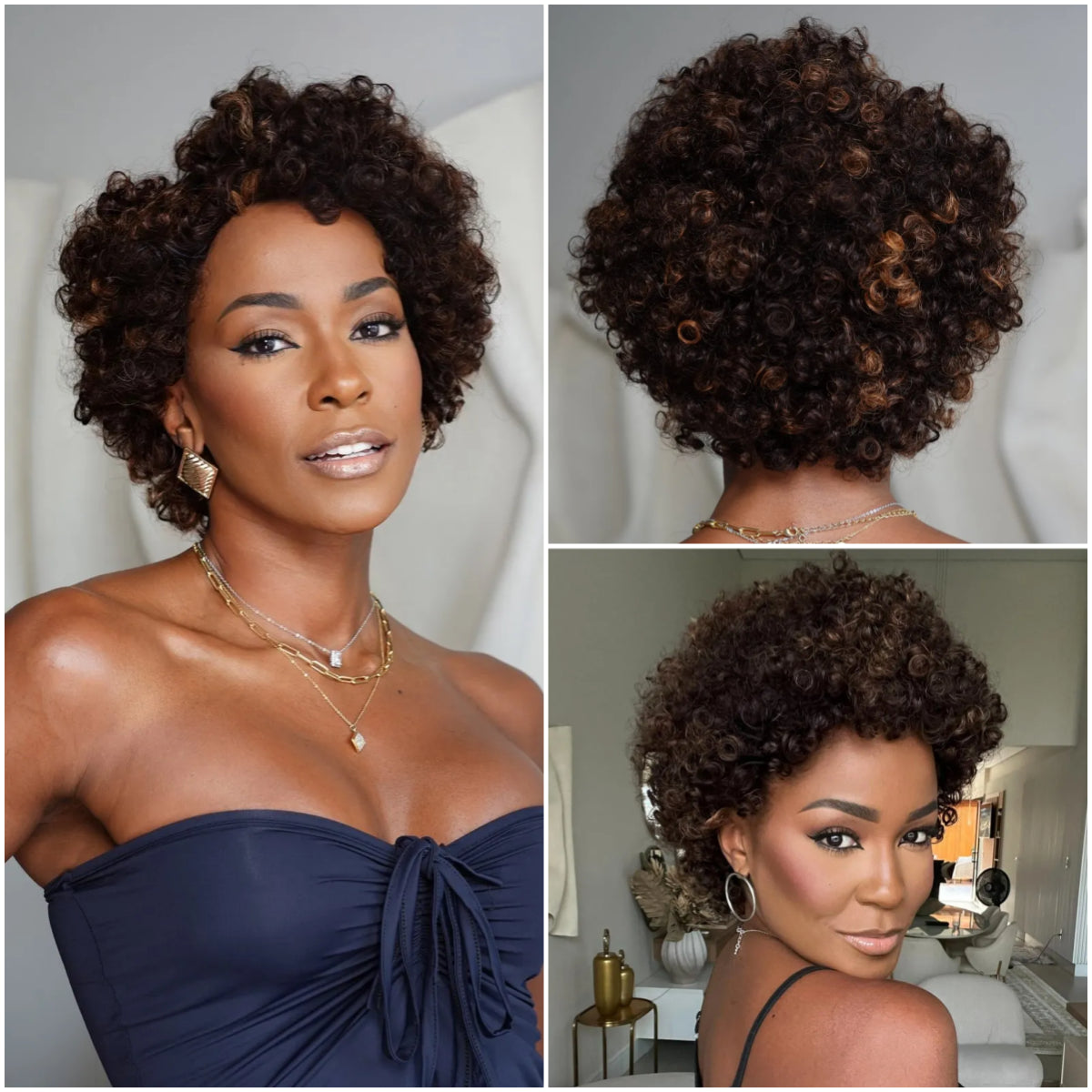 SP2/4/30 Medium Brown With Highlights Short Curly Glueless Wig