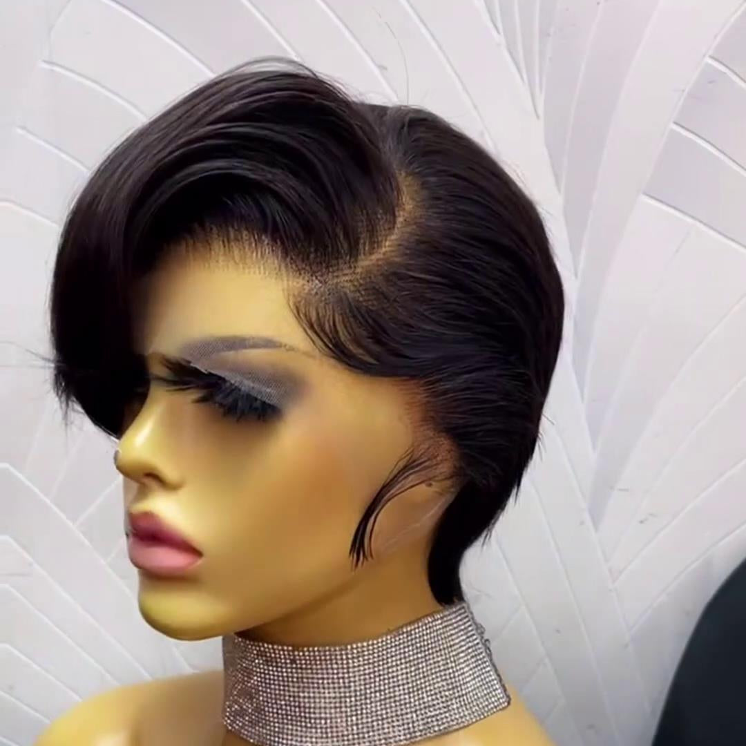 Short Layered Pixie Bob 13×4 Lace Frontal Wig With Side Bangs