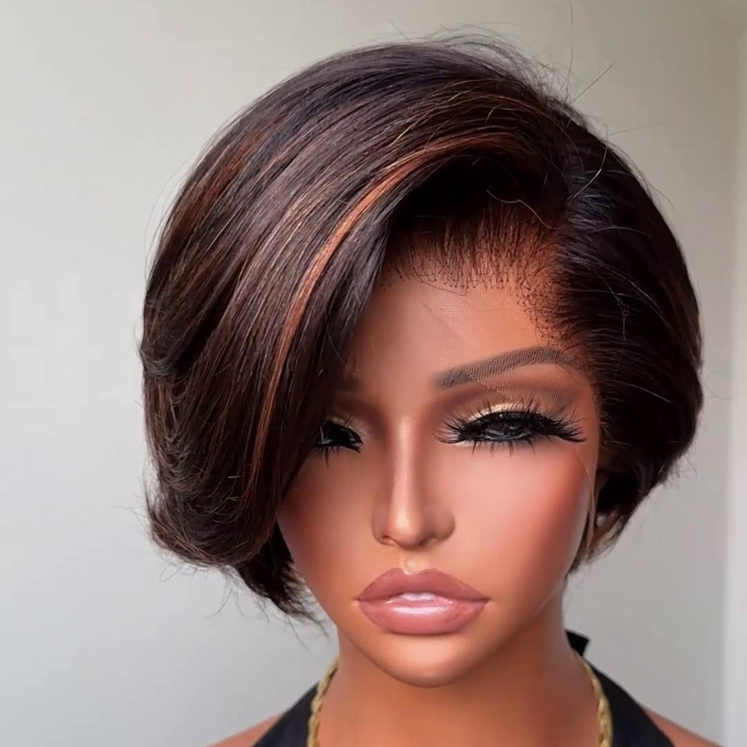 Rich Dark Brown with Copper Highlights 13x4 Lace Frontal Pixie Wig