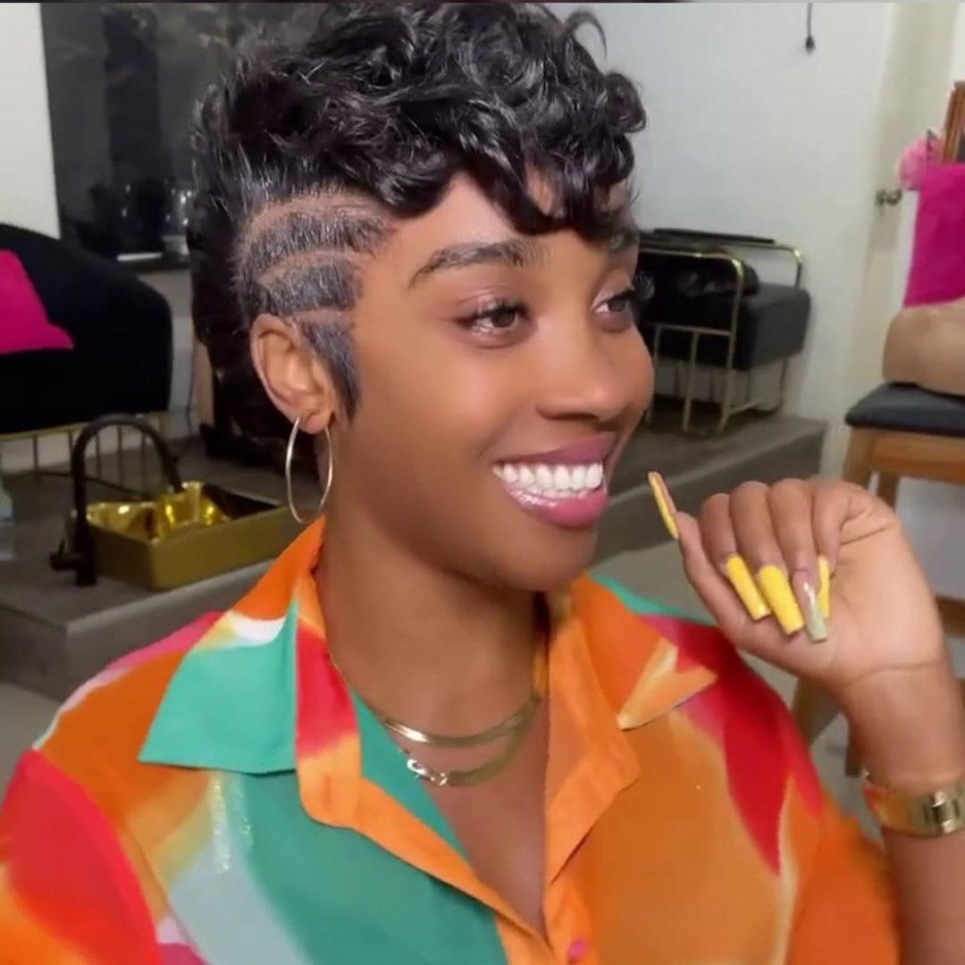 Full Lace Natural Black Pin Curly Finger Wave Short Glueless Pixie Wig