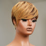 Blonde Brown Highlight Layered Pixie Cut Human Hair Wig With Bangs