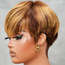Blonde Brown Highlight Layered Pixie Cut Human Hair Wig With Bangs