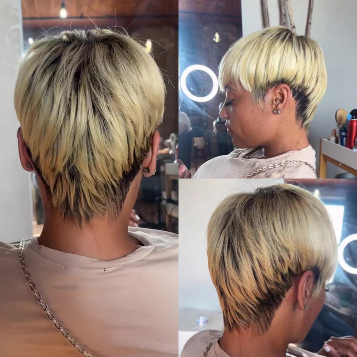 Blonde Highlight with Dark Roots Layered Short Pixie Wig With Bangs