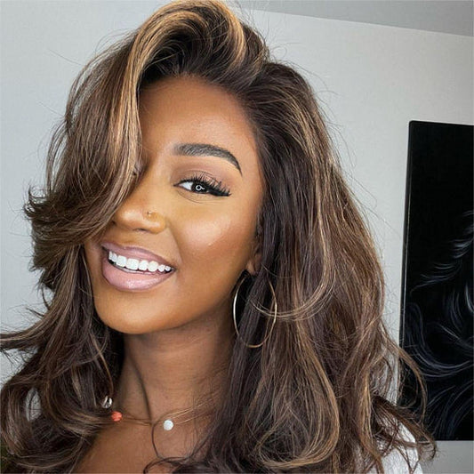 Layered Dark Brown with Blonde Highlights Wavy Lace Front Wig Human Hair