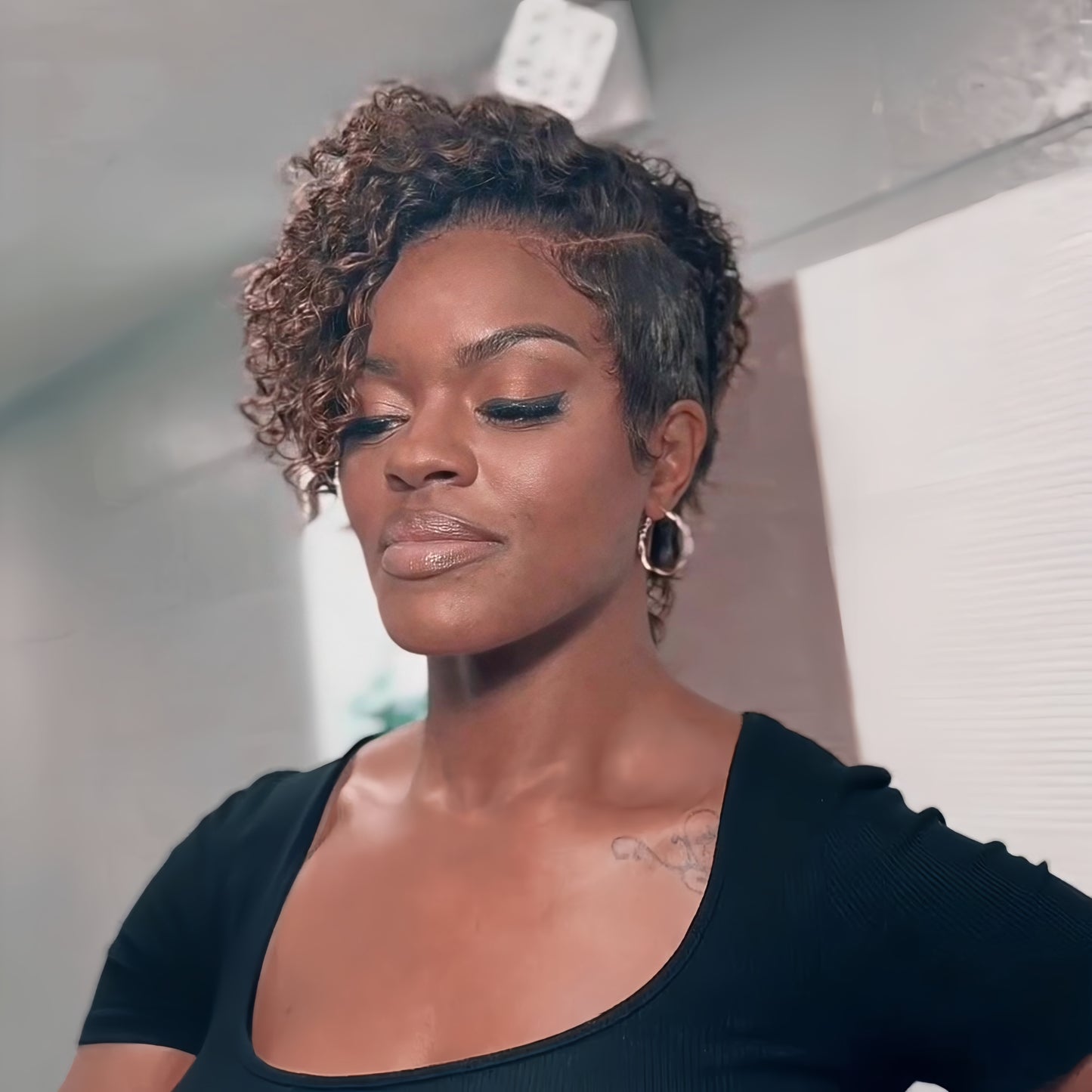 Full Lace Reddish Brown Side Part Asymmetrical Curly Short Pixie Cut Wig