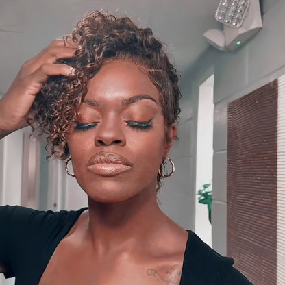 Full Lace Reddish Brown Side Part Asymmetrical Curly Short Pixie Cut Wig