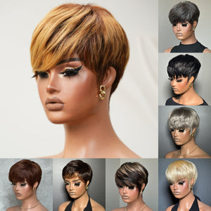 Coracrown Natural Realistic Glueless Pixie Cut Wig with Bangs