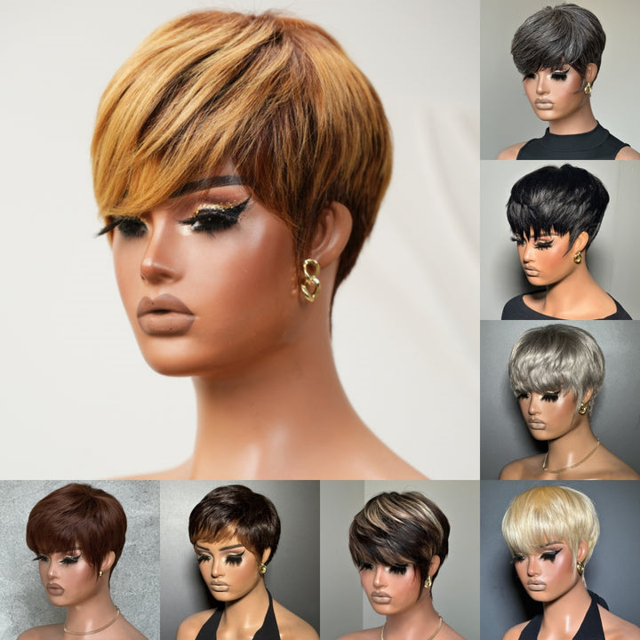 Coracrown Natural Realistic Glueless Pixie Cut Wig with Bangs