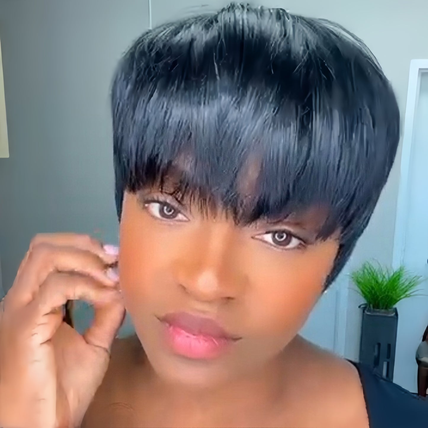 Nature Short Pixie Cut Glueless Human Hair Wig With Bangs