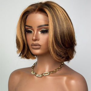 613 Brown With Blonde Highlights Wavy Bob Lace Closure Wig