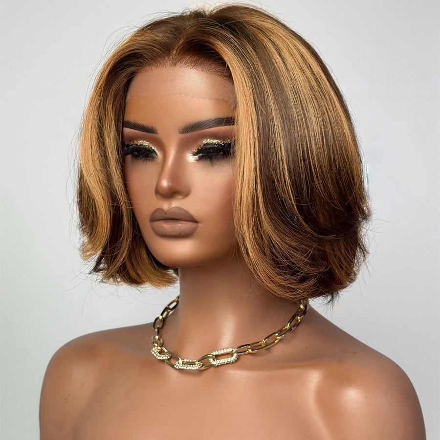 613 Brown With Blonde Highlights Wavy Bob Lace Closure Wig