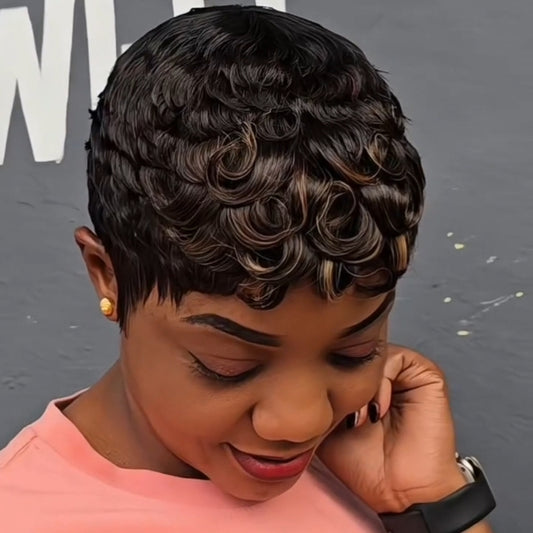 Full Lace Black Blonde Highlight Curly Short Pixie Cut Human Hair Wig