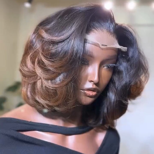 Brown Highlight Layered Cut Bob 13x4 Lace Frontal Wig