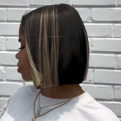Black With Blonde Highlight Blunt Cut Bob Lace Closure Wig