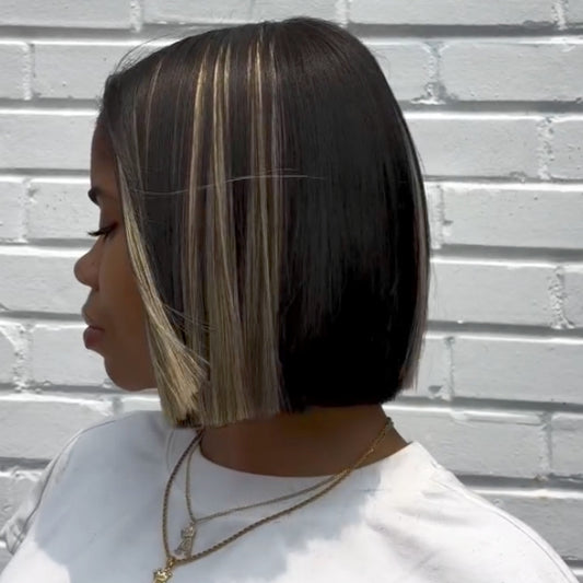 Black With Blonde Highlight Blunt Cut Bob Lace Closure Wig