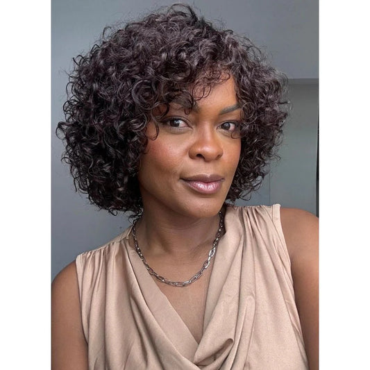 Put on & Go Brown Pixie Cut Curly Bob Wig 100% Human Hair
