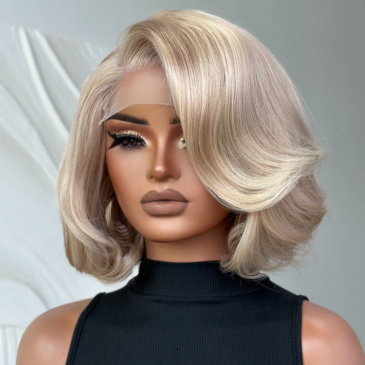 Ash Blonde Highlight Side Part Layered Bob 5x5 Lace Closure Wig