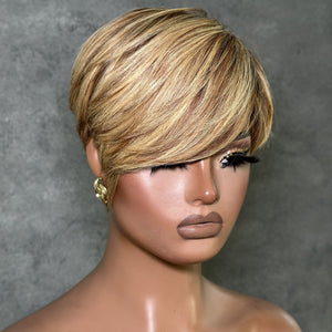 Blonde Highlight With Brown Short Pixie Cut Glueless Long Bangs Wig