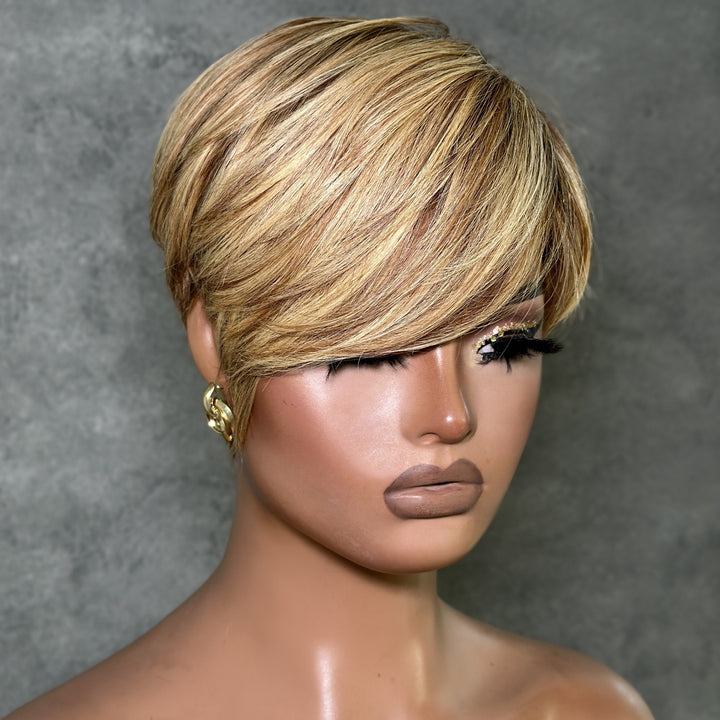 Blonde Highlight With Brown Short Pixie Cut Glueless Long Bangs Wig
