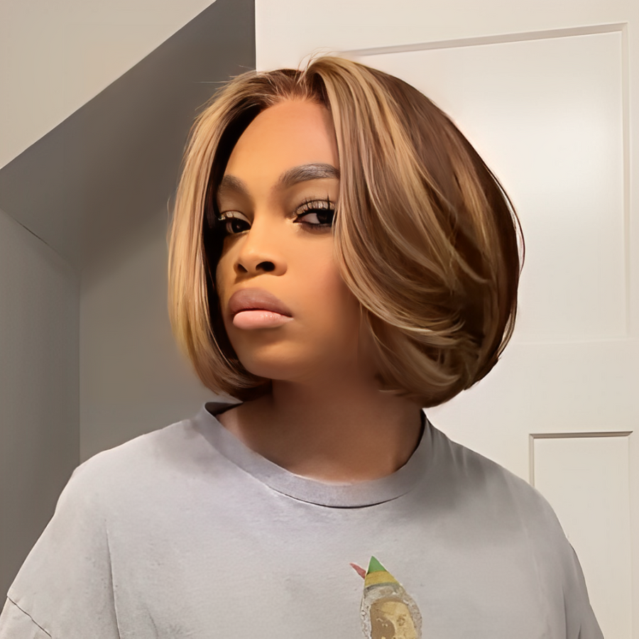 613 Brown With Blonde Highlights Wavy Bob Lace Closure Wig