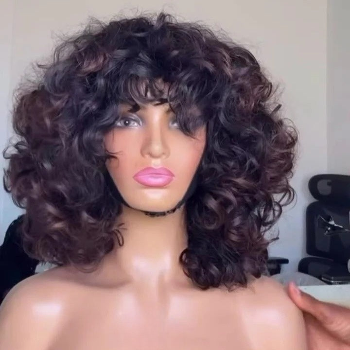 Put On & Go Voluminous Breeny Brown Curly Bob Wig With Bangs